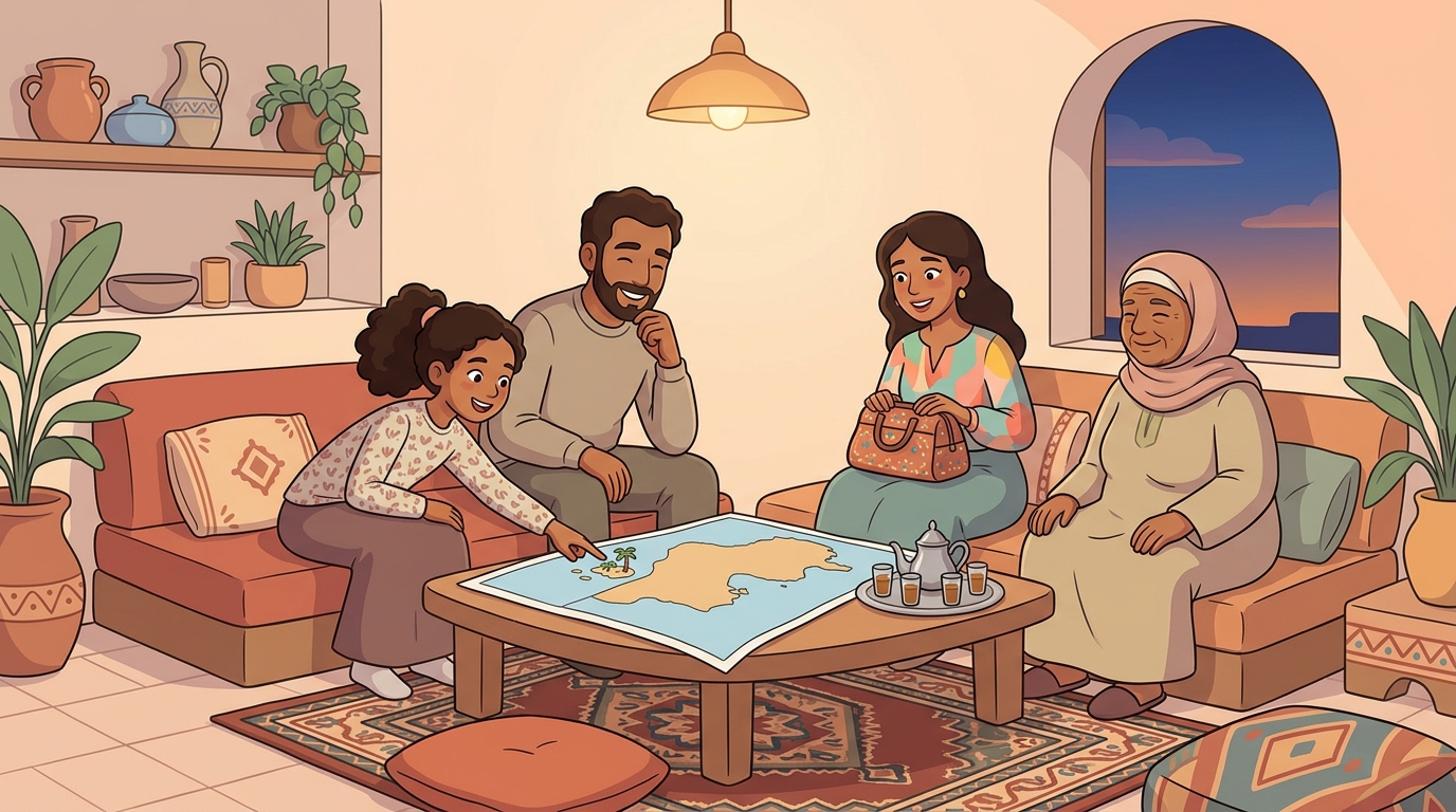 Le soir au salon, Nora montre l'île de Djerba sur une carte de la Tunisie posée sur la table ; son père, sa mère avec un sac de voyage et sa grand-mère sourient